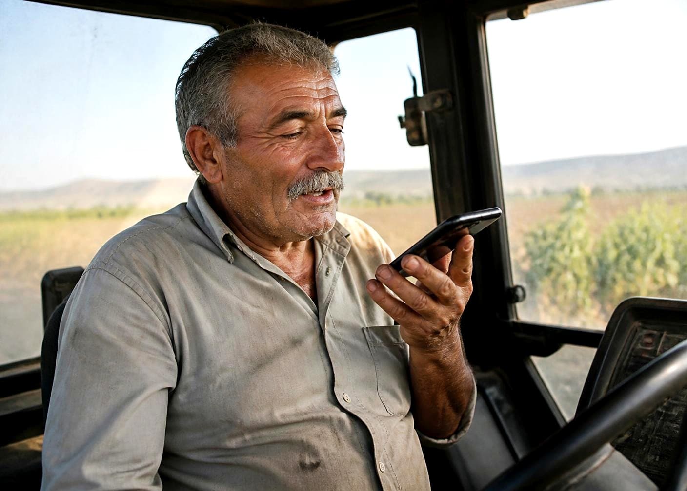 Αγρότης στην καμπίνα του τρακτέρ